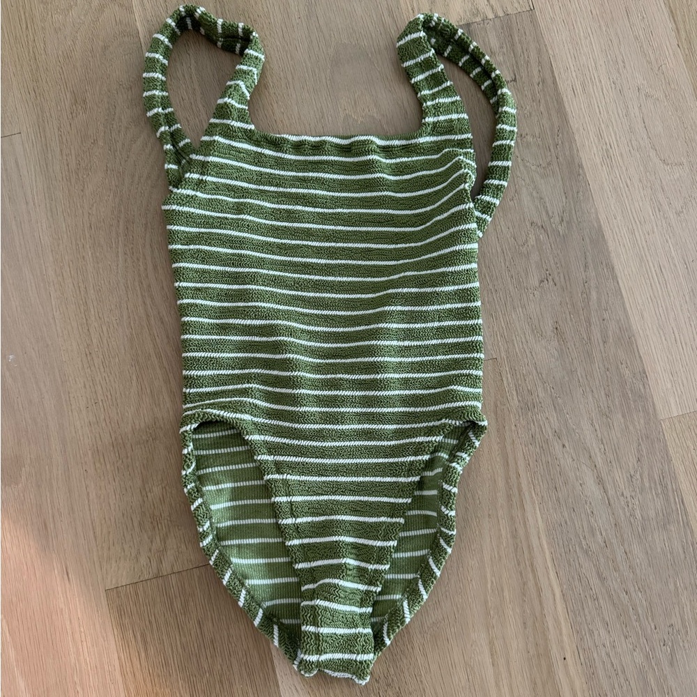 Hunza G Green and White Striped Swimsuit square neck